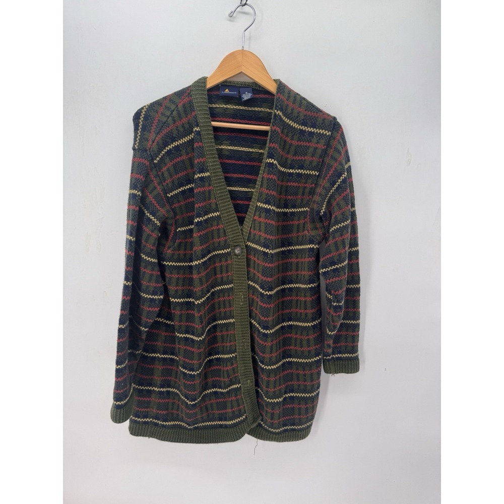 Lizsport Womens M Cardigan Sweater Green Plaid Striped Button Cottagecore Preppy